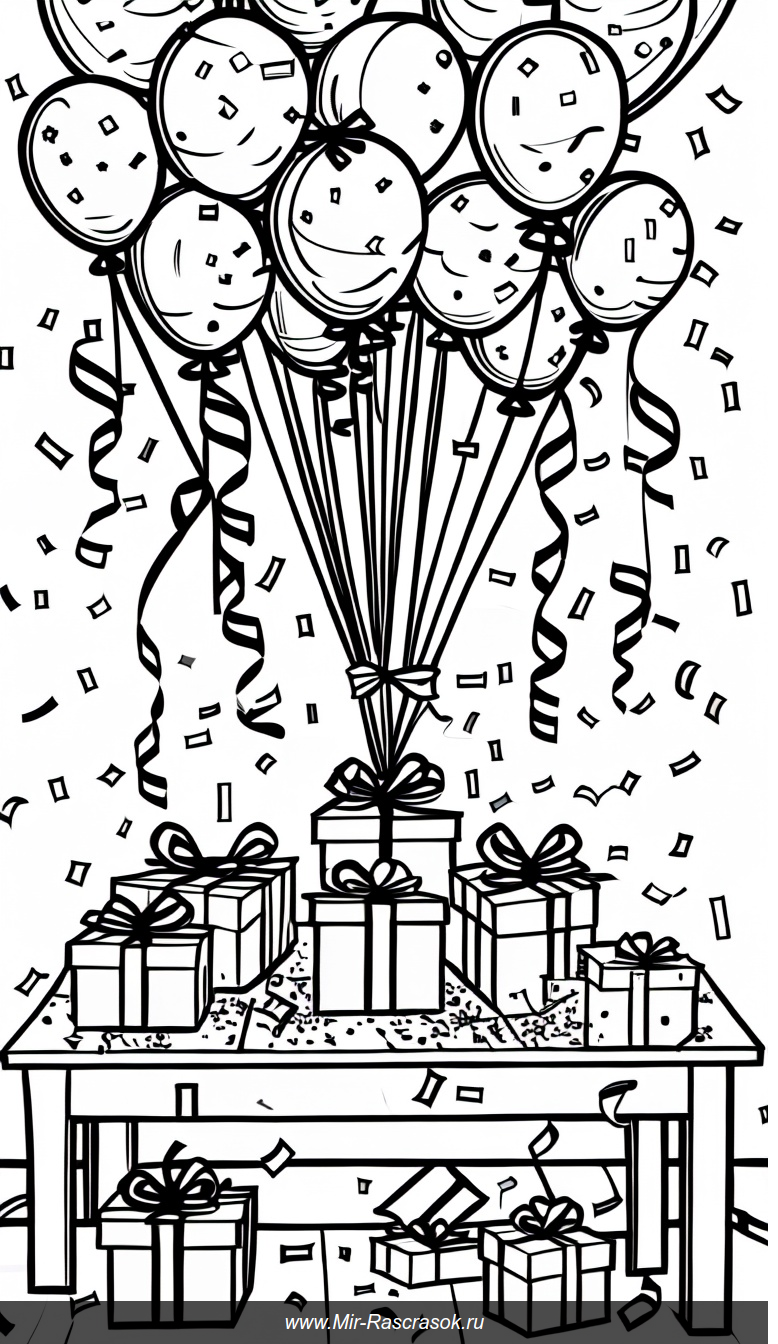 Раскраска с праздничным столом подарков и воздушными шарами для творчества