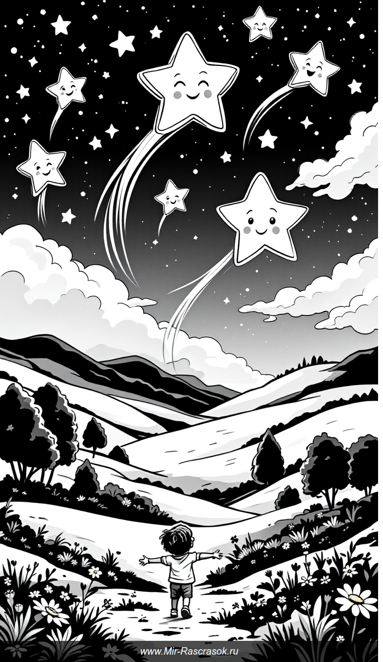 Раскраска ночного неба с дружелюбными падающими звездами для детей