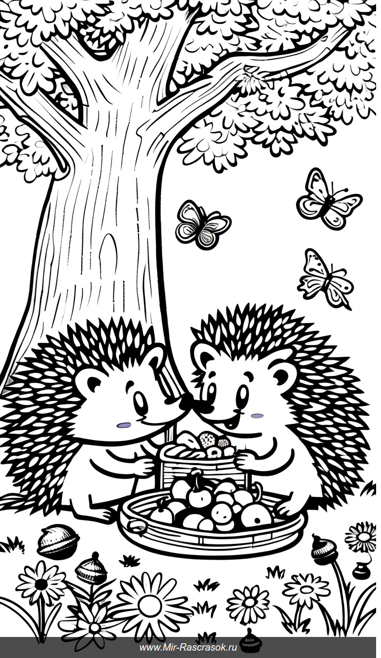Друзья-ежики на пикнике под старым дубом раскраска для творчества и веселья