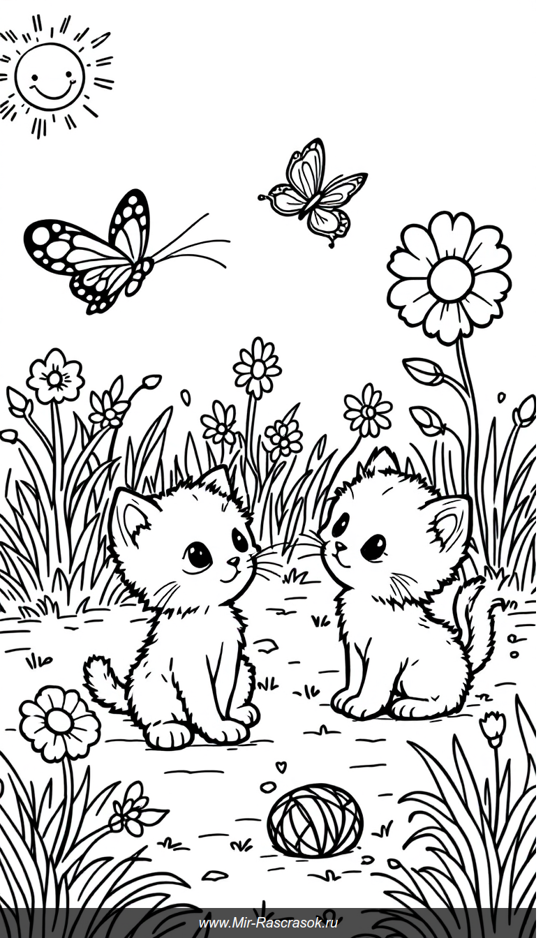 Раскраска с милыми котятами в солнечном саду для детей