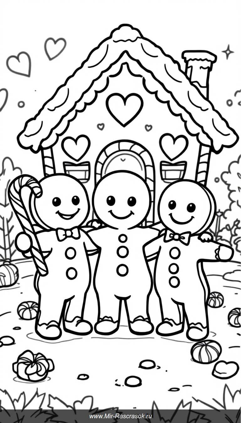 Веселые пряничные друзья и праздничный домик для раскрашивания детям