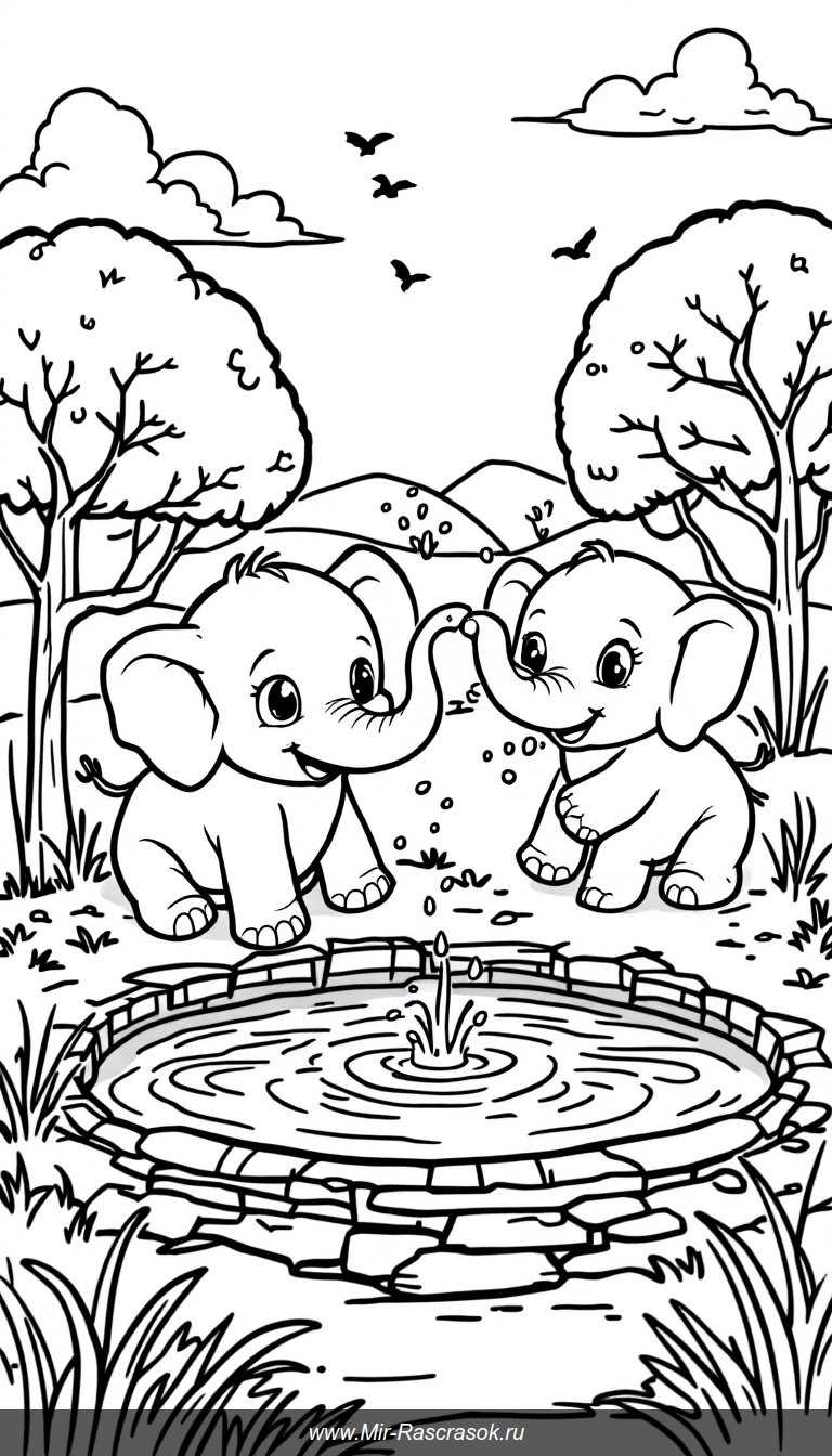 Погрузитесь в мир малышей слонят с нашей раскраской 🐘🎨 Простые и добрые рисунки подойдут для детей любого возраста, развивая творчество и внимание 👶🖍️ Идеально для уютного семейного досуга и обучения о природе 🌳💧