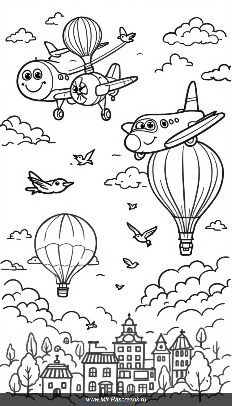 Веселые самолеты и воздушные шары на солнечном небе для детской раскраски