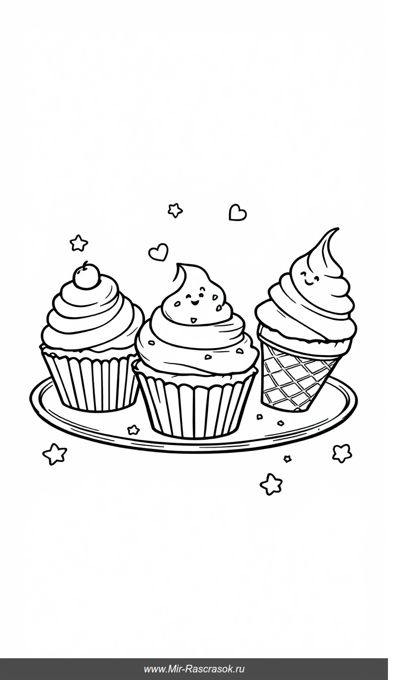 Весёлые кексы и мороженое для детской раскраски