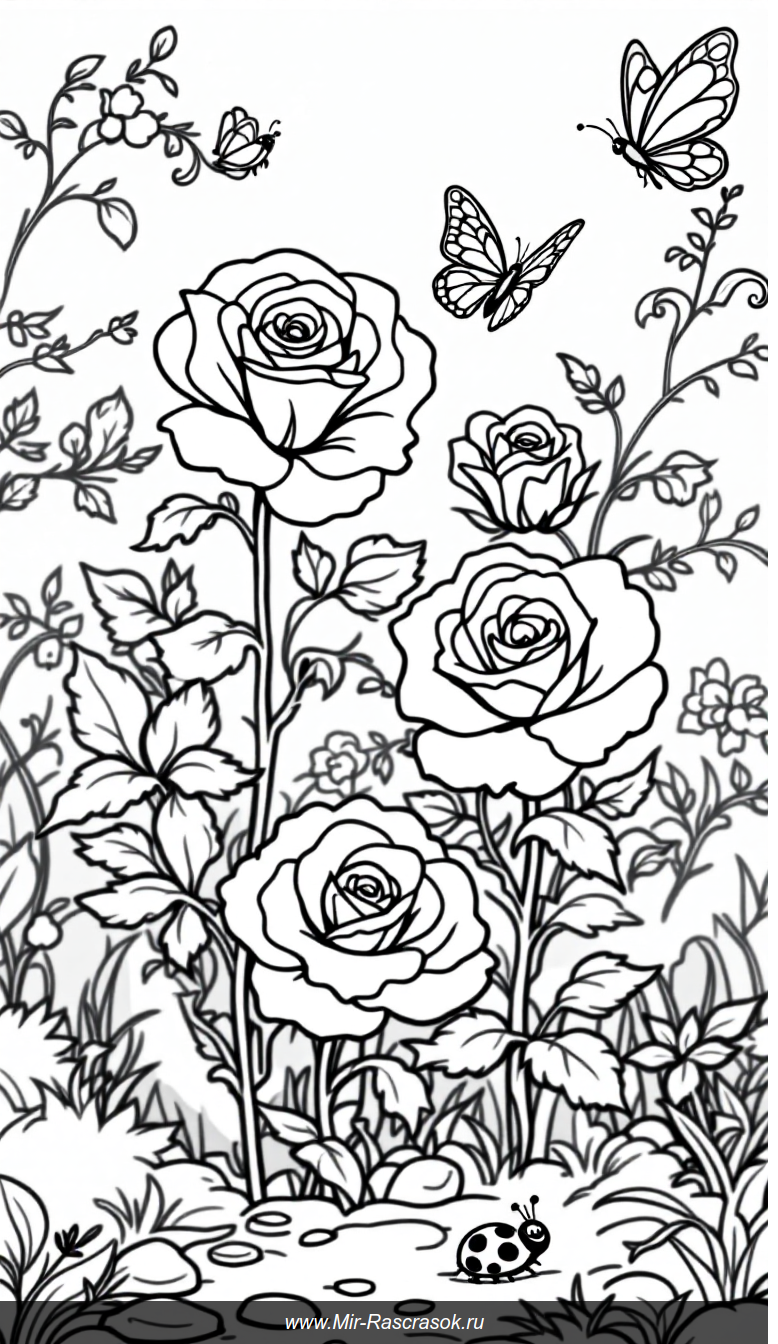 Веселый сад с большими розами для раскрашивания детям