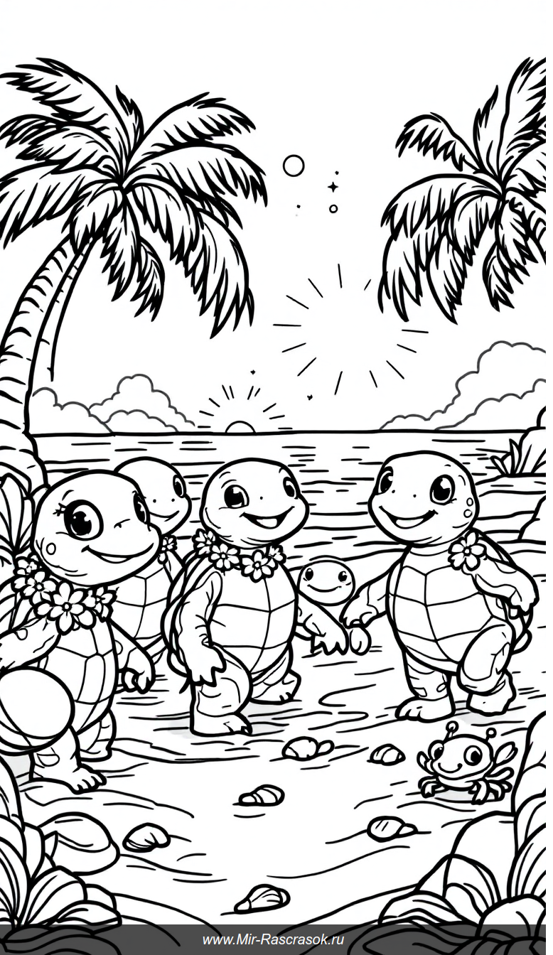 Веселые черепашки на солнечном пляже раскраска для детей