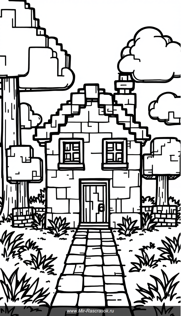 Раскраска домик в стиле Майнкрафт для детей простые квадратные блоки