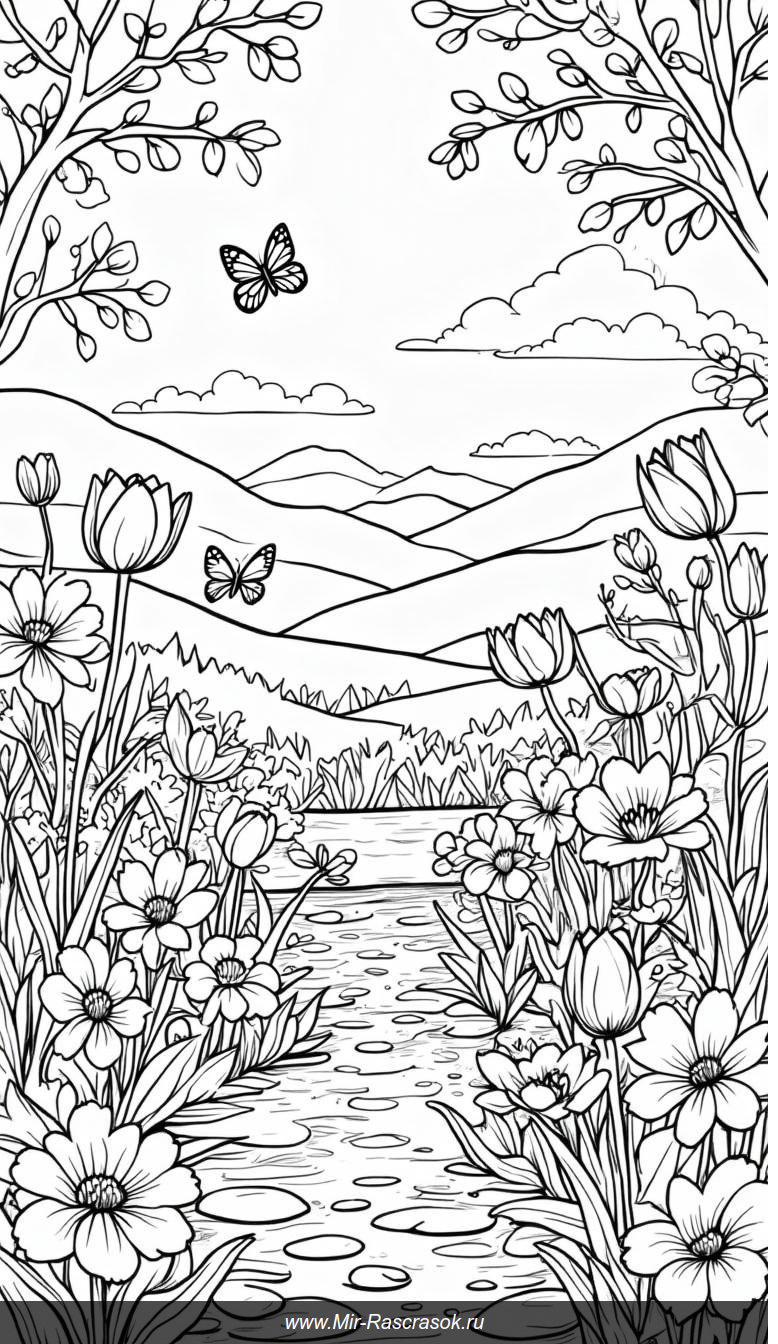 Раскраска Весеннего Сада Полного Цветов и Птиц