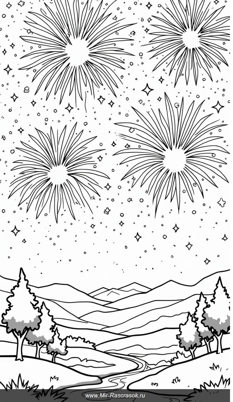 Раскраска Ночной небосвод с фейерверками и мирным пейзажем