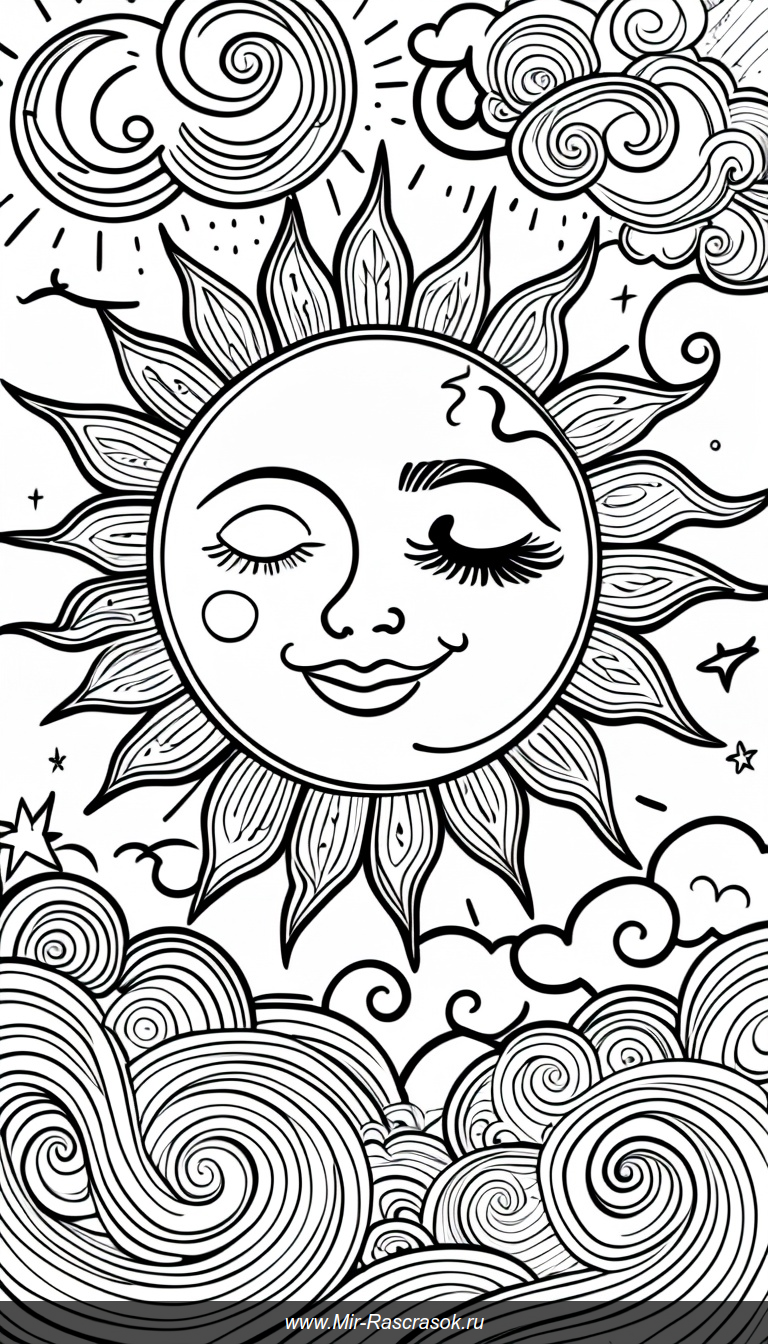 Улыбающееся солнце и спокойная луна среди пушистых облаков раскраска