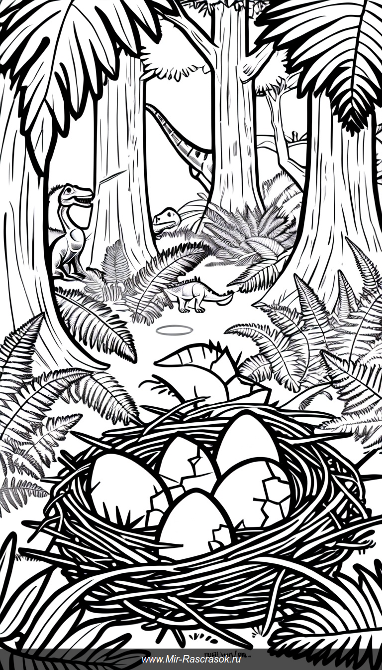 Древний мир в раскраске Яйца динозавров и малыши в доисторическом лесу