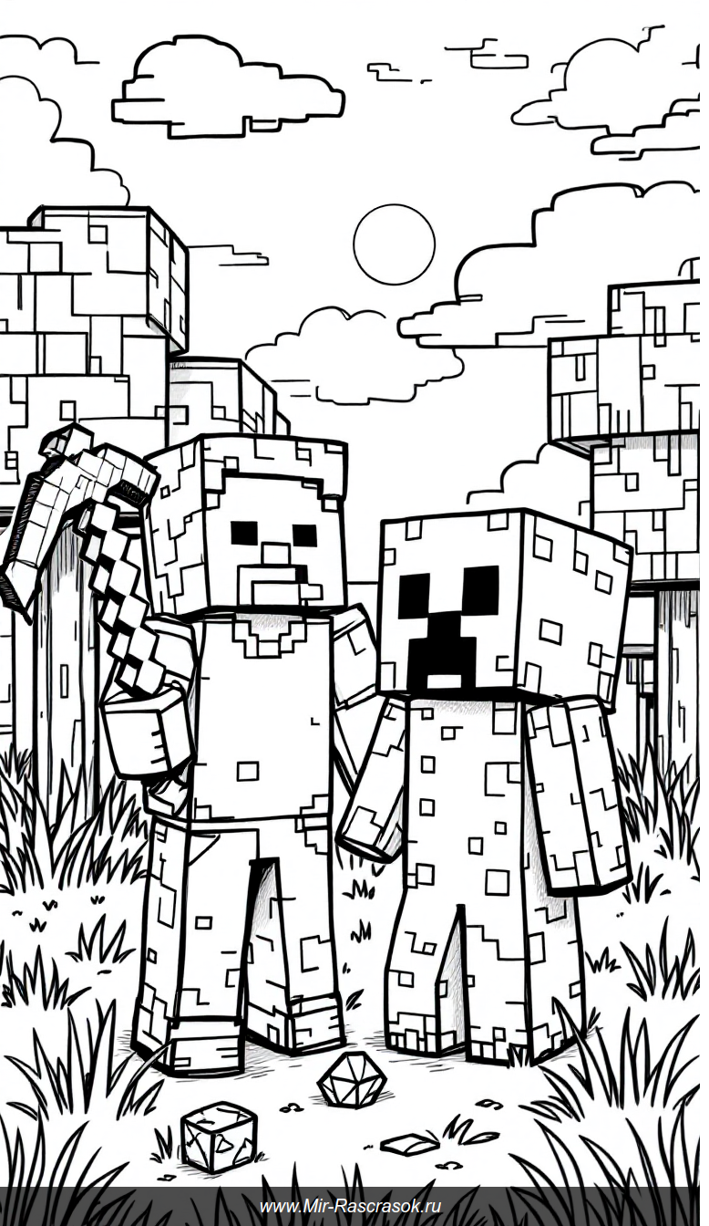 Дружеская сцена в Майнкрафт для раскрашивания с Стивом и Крипером