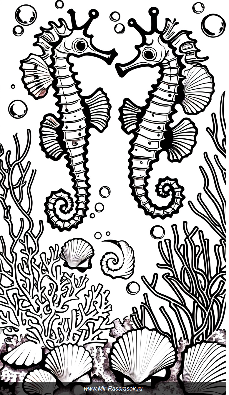 Раскраска с игривыми морскими коньками среди кораллов и ракушек