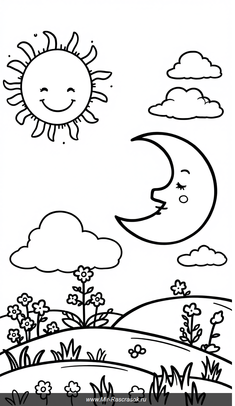 Весёлое солнце и дружелюбная луна для раскрашивания детям