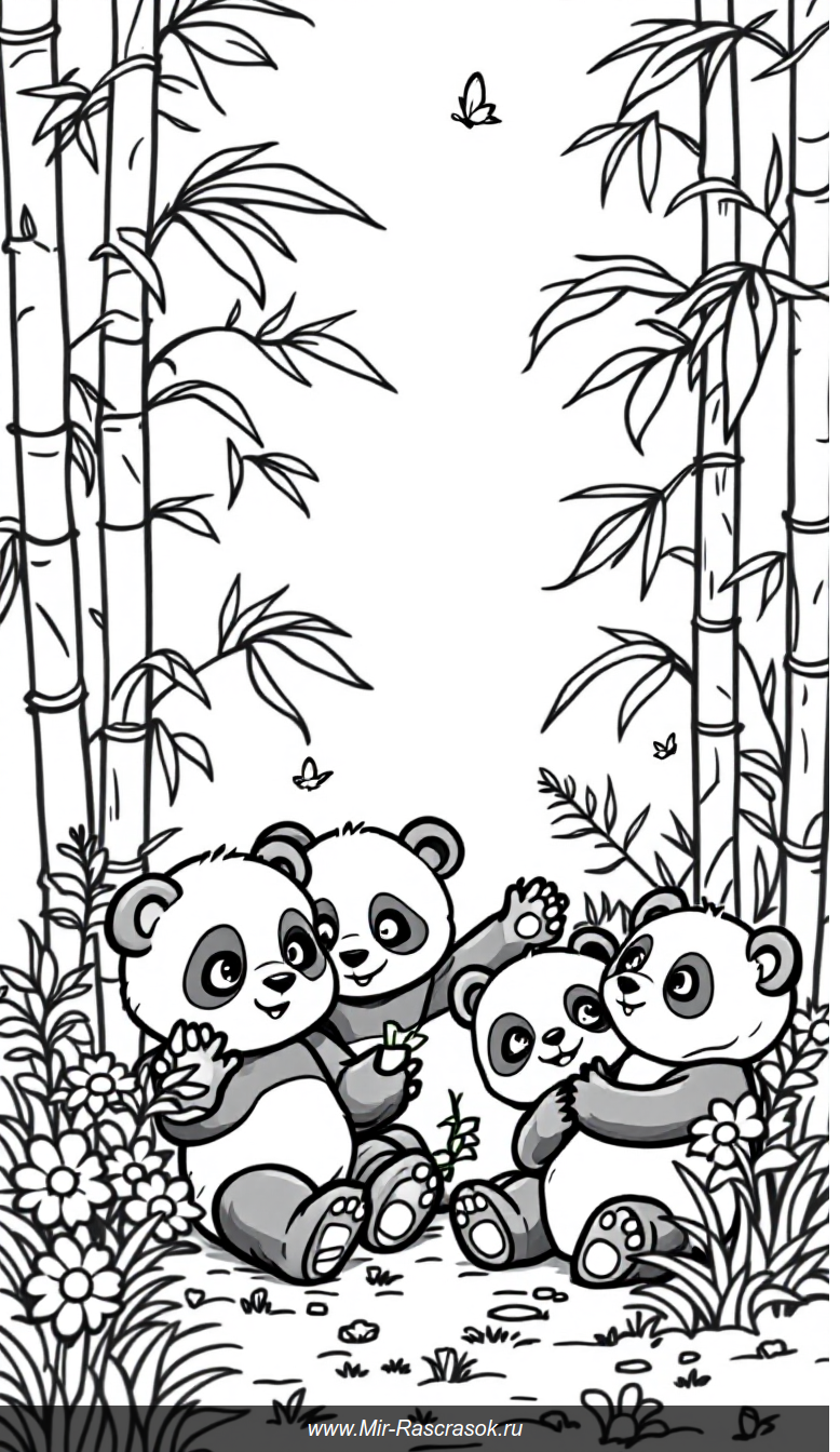 Весёлая панда семья в бамбуковом лесу для детской раскраски