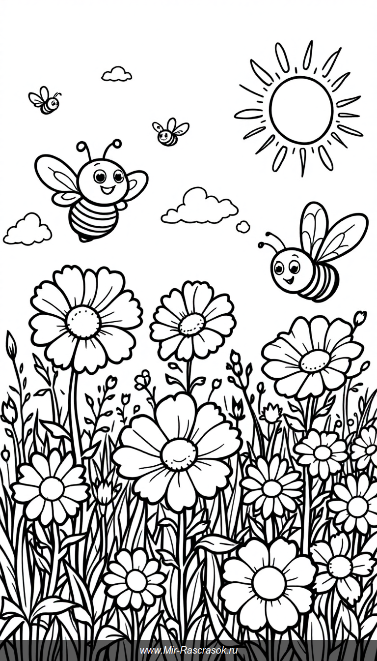 Веселые пчелки летают над цветами в солнечном лугу 🌞🐝 Раскрась их улыбки и яркие цветы, чтобы создать радостную и дружелюбную картинку для детей 🎨🌸 Идеальный сюжет для развития творчества и веселья на страницах раскраски!