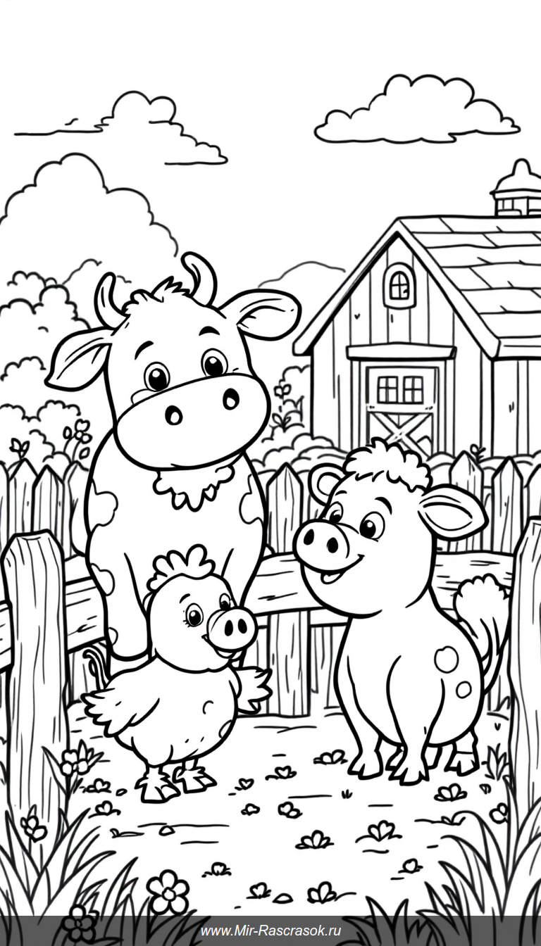 Весёлые животные на ферме для раскраски детей