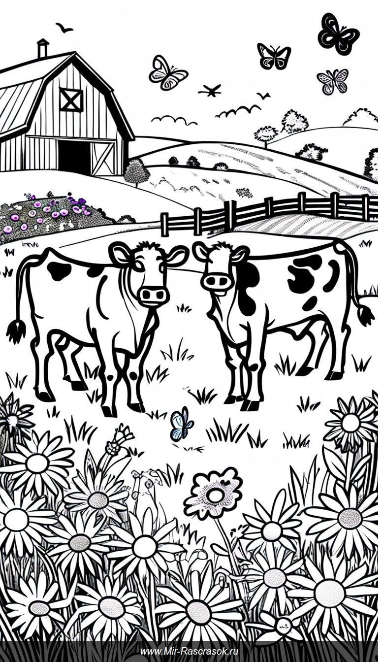 Весёлые коровы в солнечном лугу раскраска для детского творчества