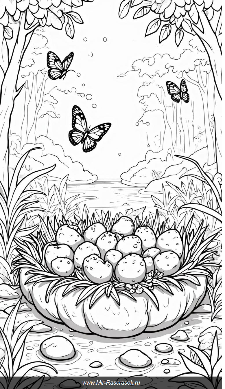 Яркий мир динозавров в раскраске среди зелени