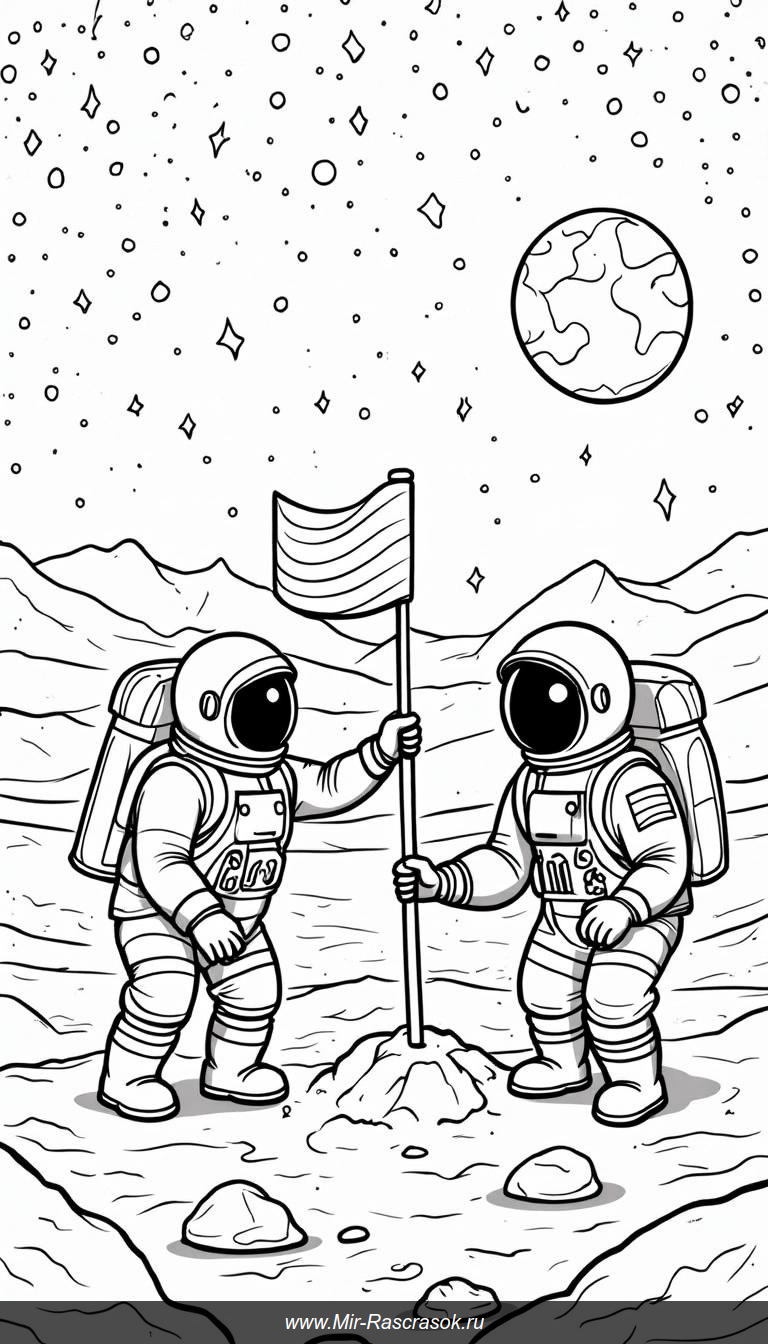 Астронавты на Луне: рисуем флаг и звезды на небосводе