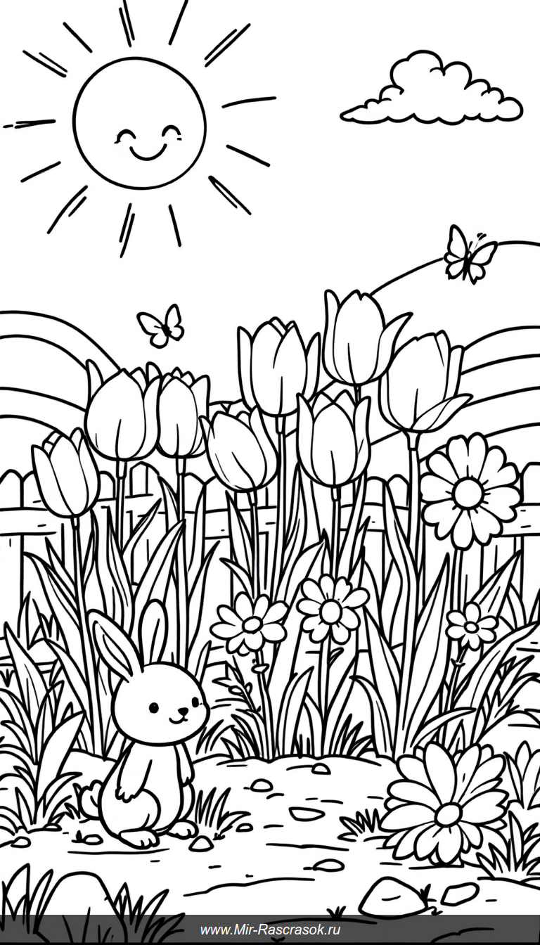 Веселый весенний сад для раскрашивания с тюльпанами и бабочками