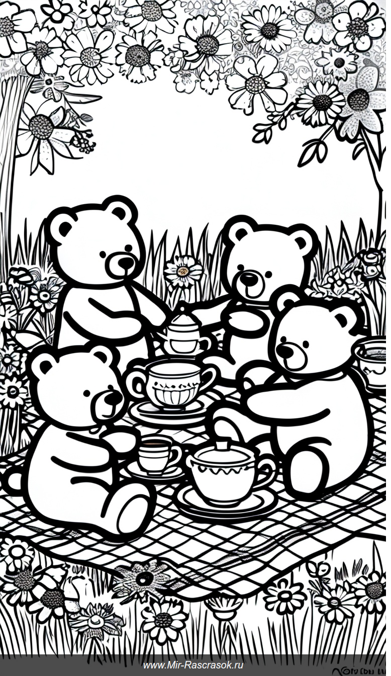 Раскраска с медвежатами на чаепитии в саду среди цветов и посуды