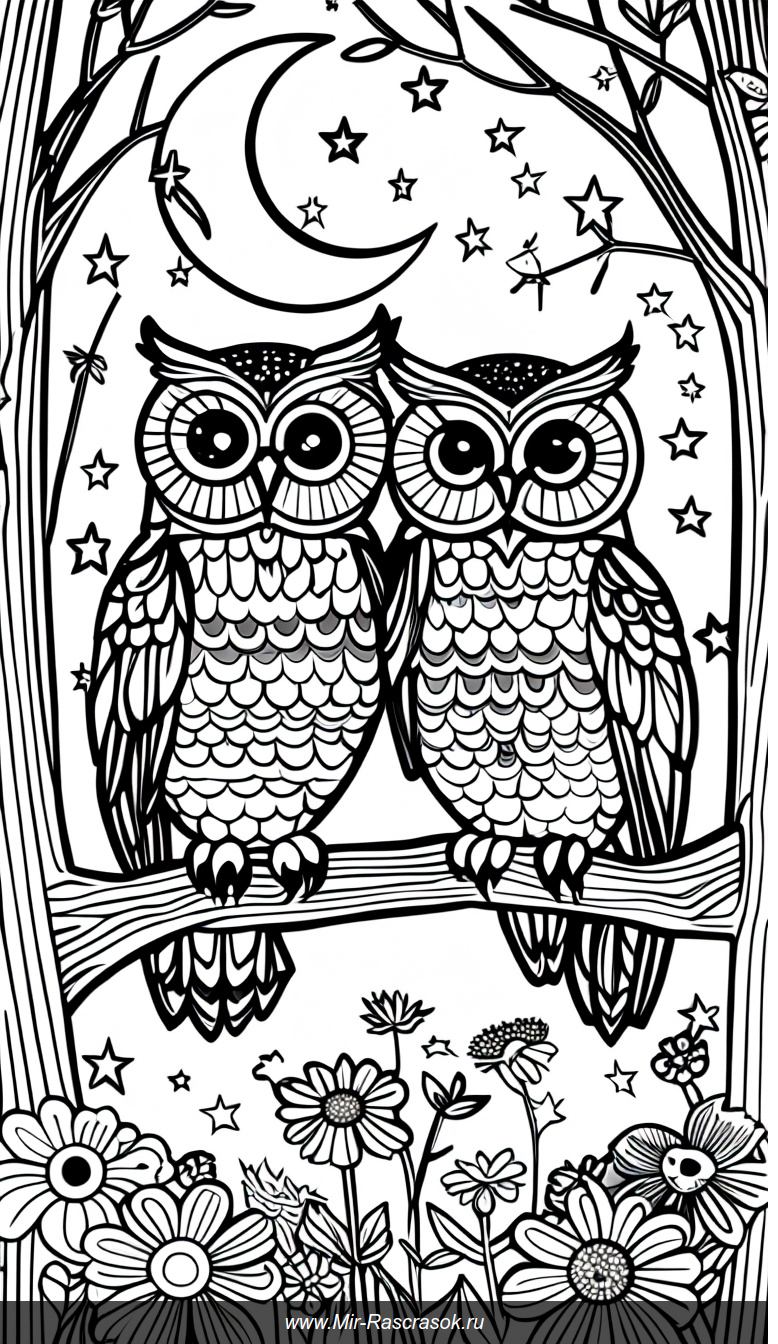 Волшебные совы на ветке в раскраске для творчества и вдохновения