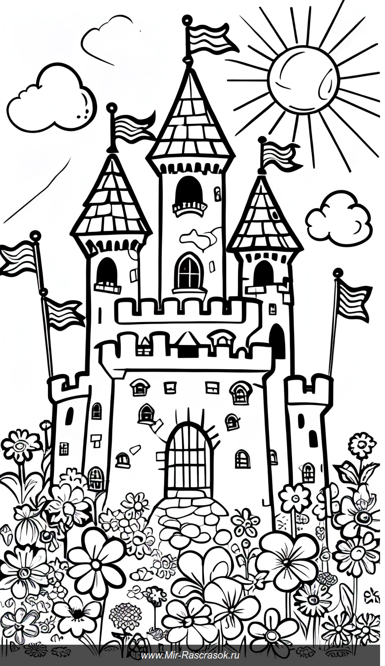 Весёлый замок с улыбающимися башнями: раскраска для радостного настроения
