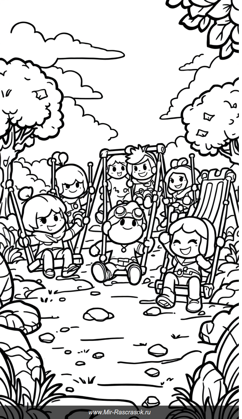 Веселая раскраска с героями Бравл Старс на детской площадке