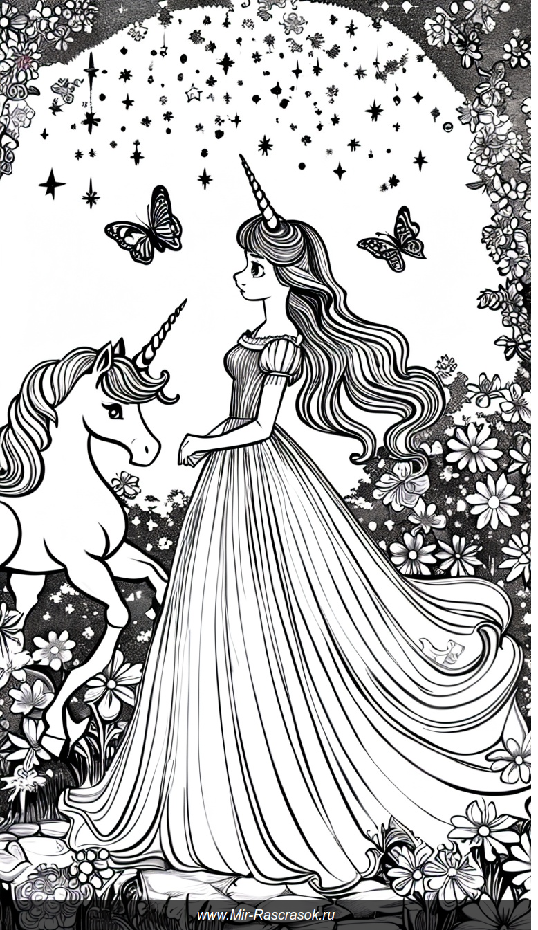 Волшебный сад принцессы раскраска с единорогом и бабочками