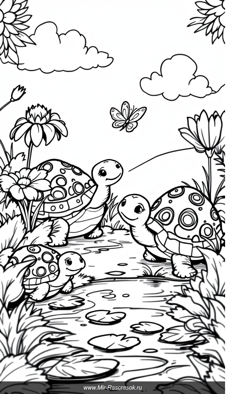 Весёлые черепашки в солнечном саду раскраска для детей