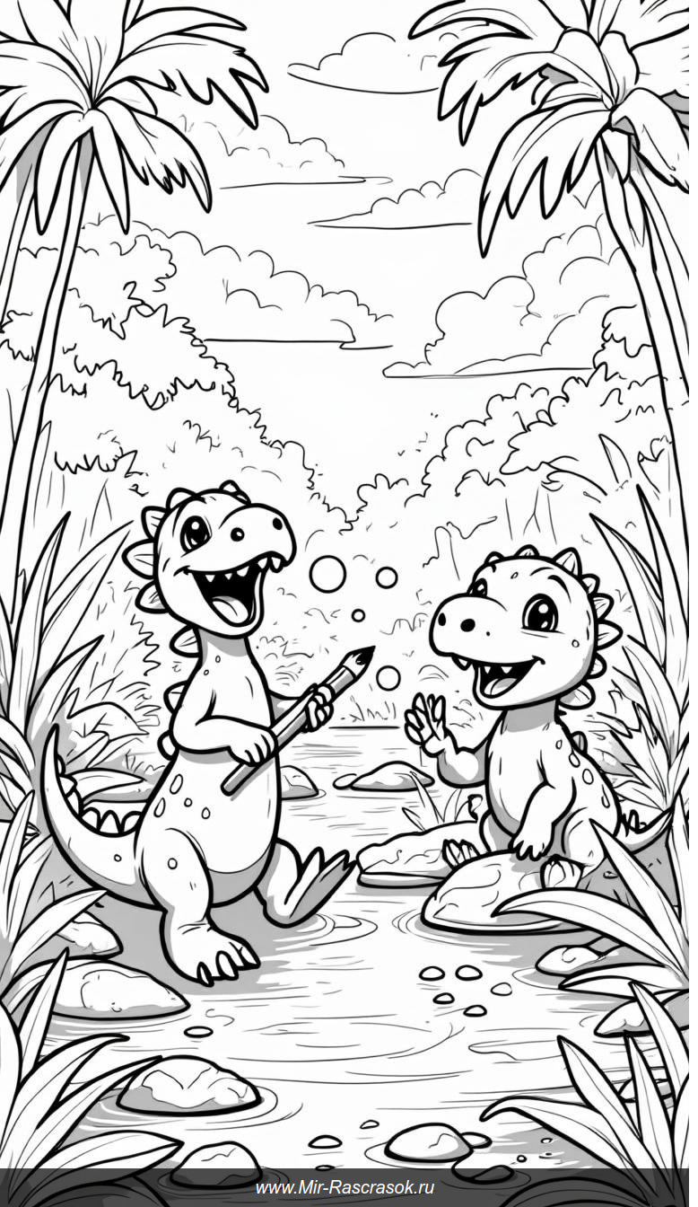 Веселые динозавры в доисторическом jungle для раскрашивания
