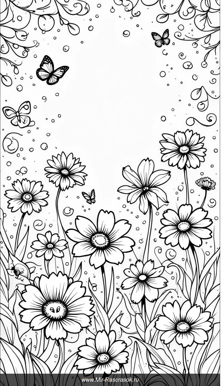 Раскраска для вдохновения цветами и бабочками