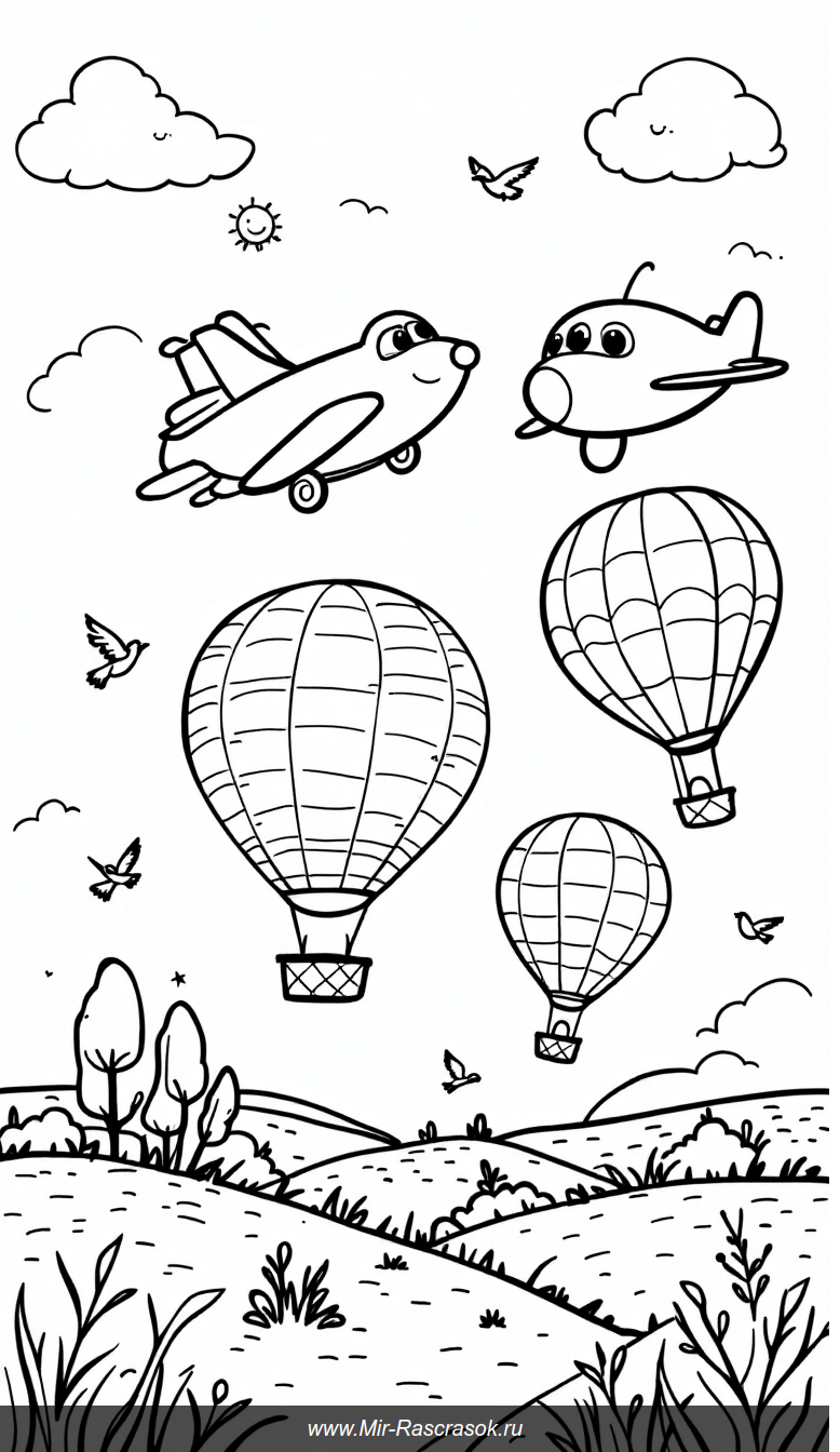 Весёлое небо с самолётами и воздушными шарами для детской раскраски