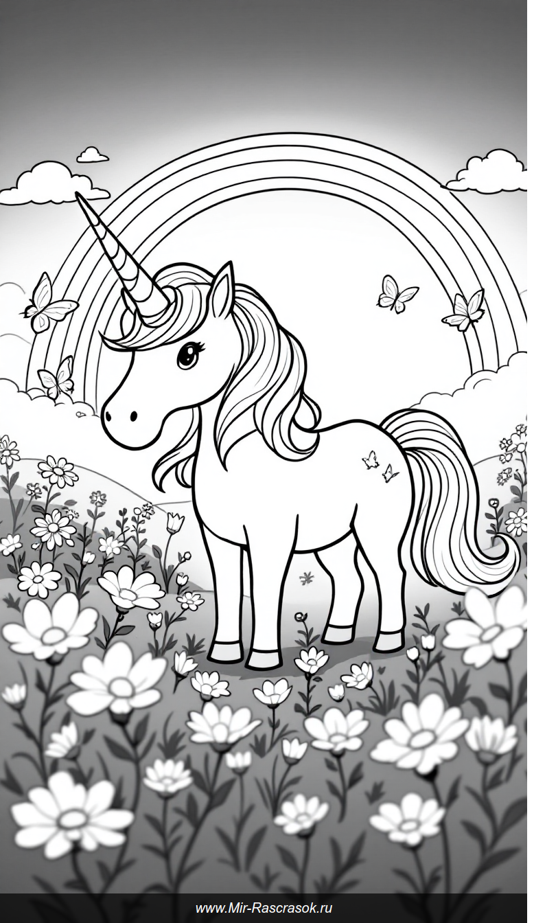 Волшебный единорог в цветущем лугу для детской раскраски