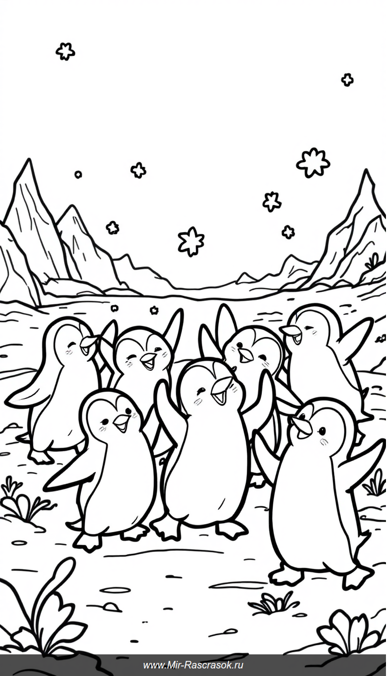 Весёлые пингвины танцуют на льду раскраска для детей
