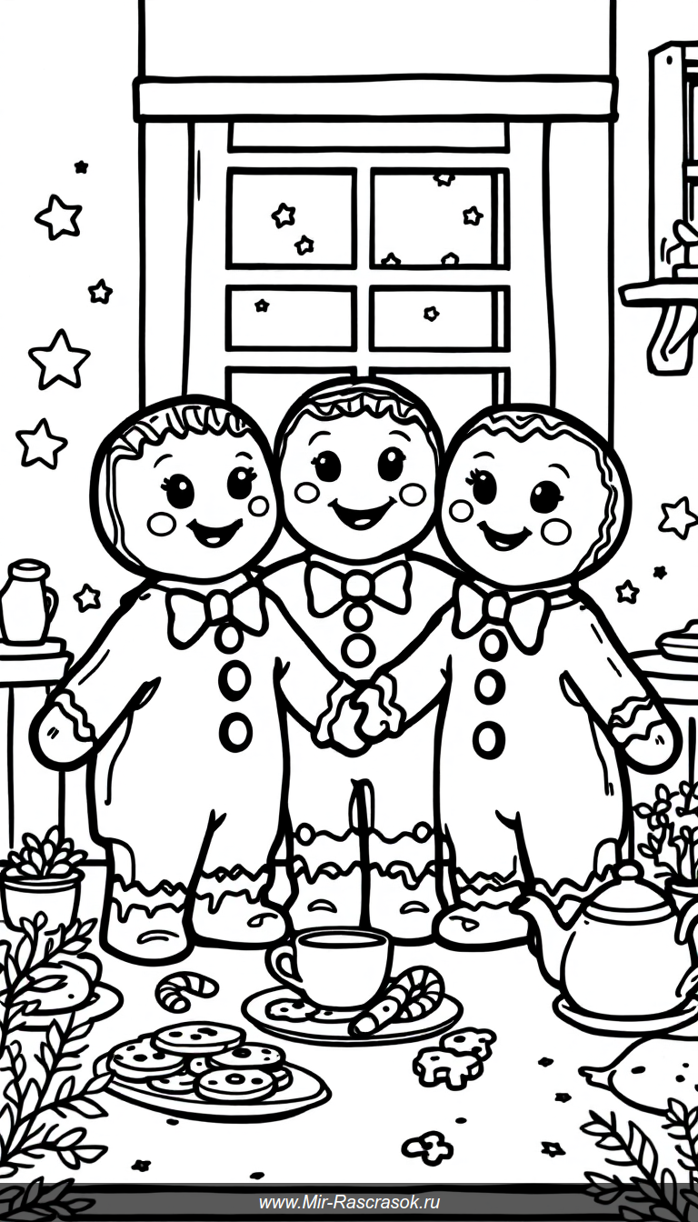Друзья-пряники для детской раскраски