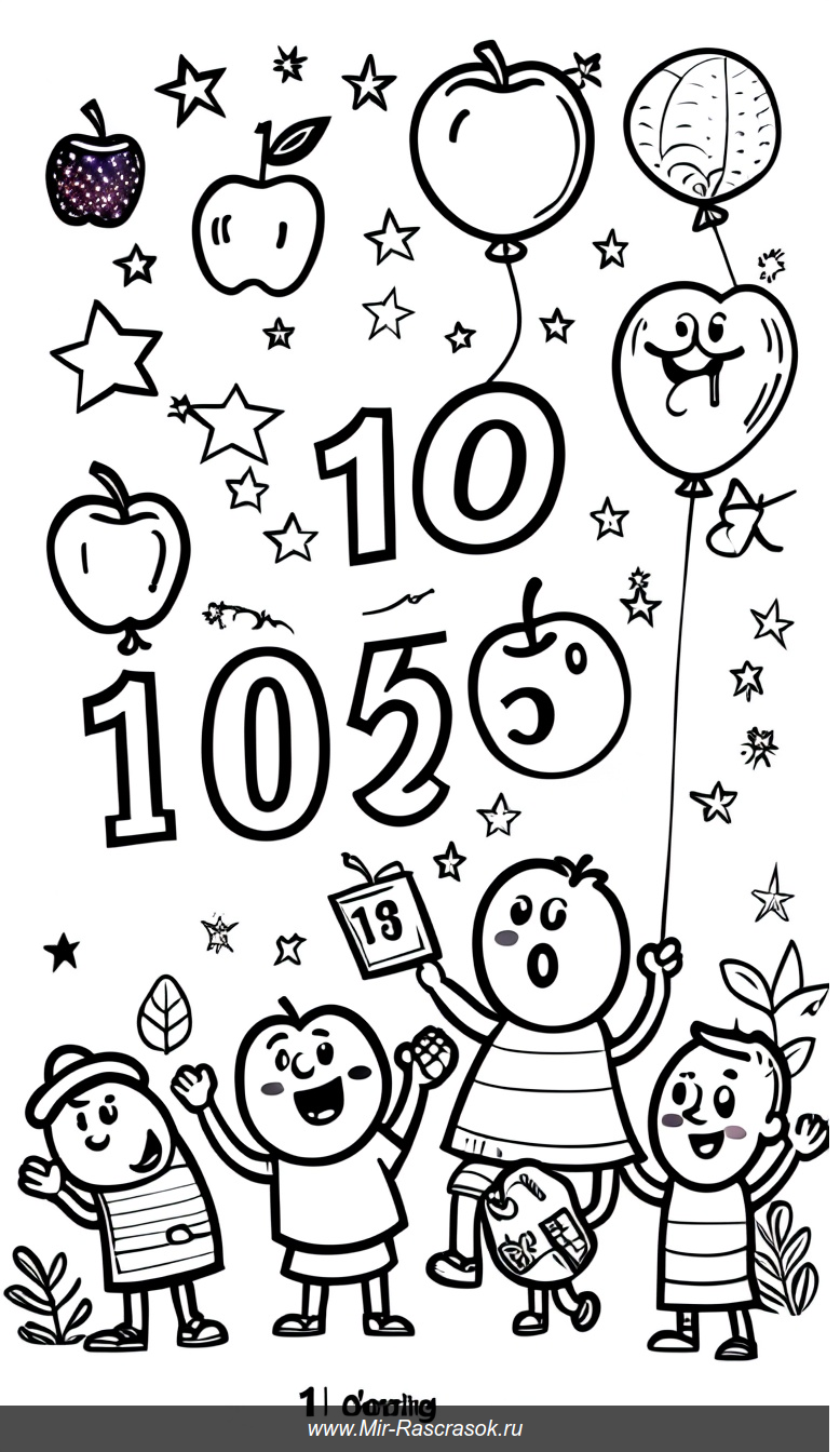 Раскраска с веселыми цифрами от одного до десяти и природными элементами
