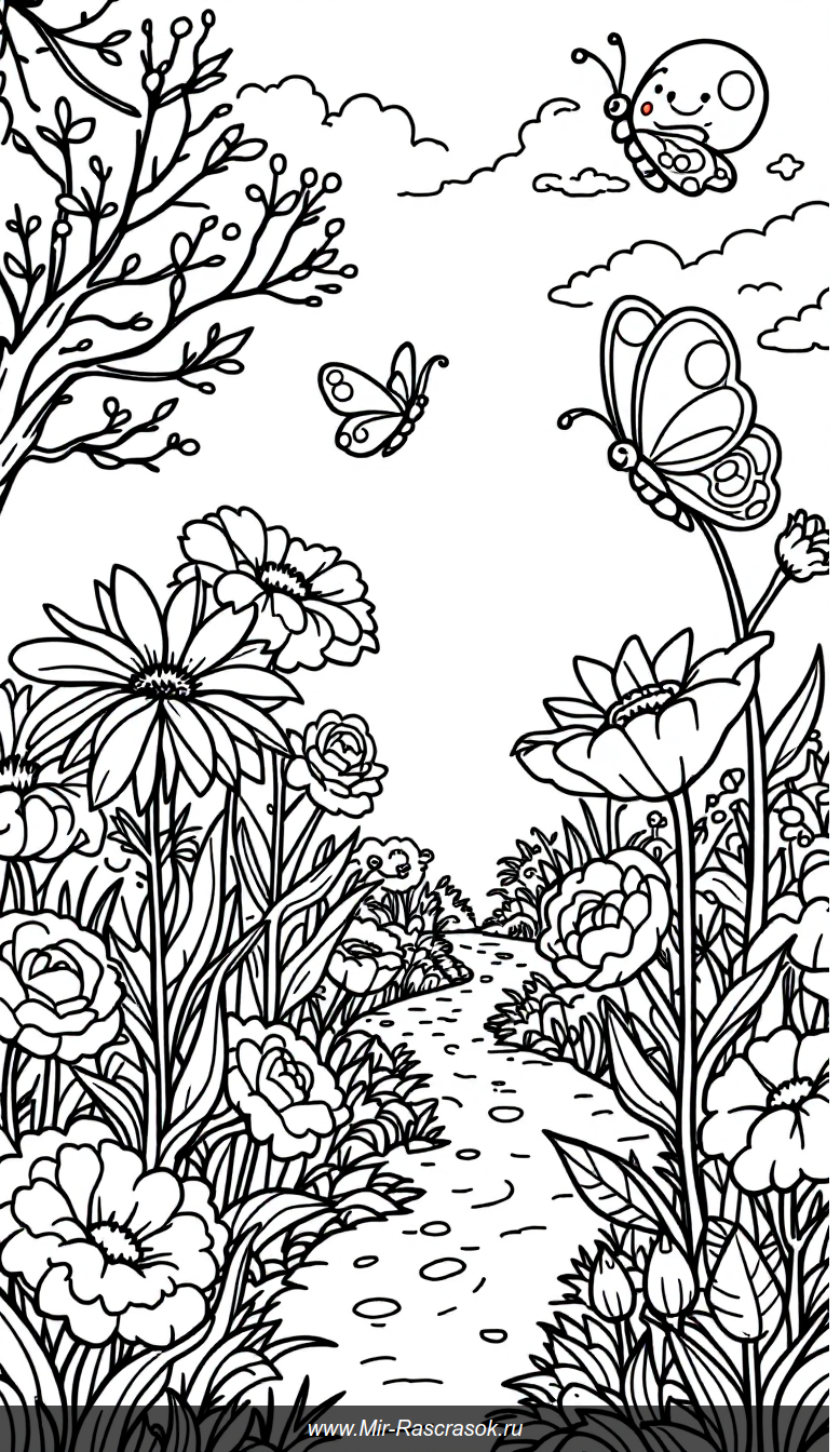 Яркий сад с бабочками и цветами для самых маленьких раскрасок