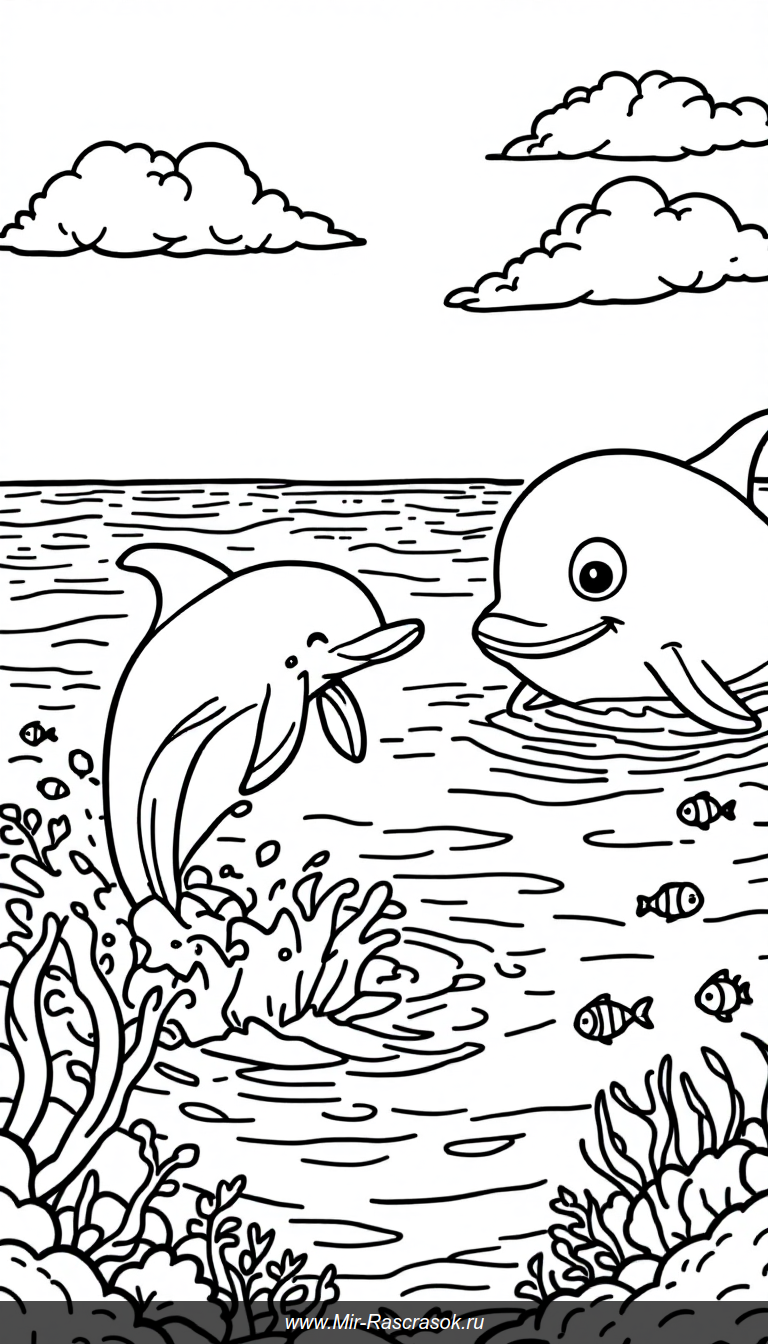 Веселое морское приключение для детей раскраска с дельфинами и китами