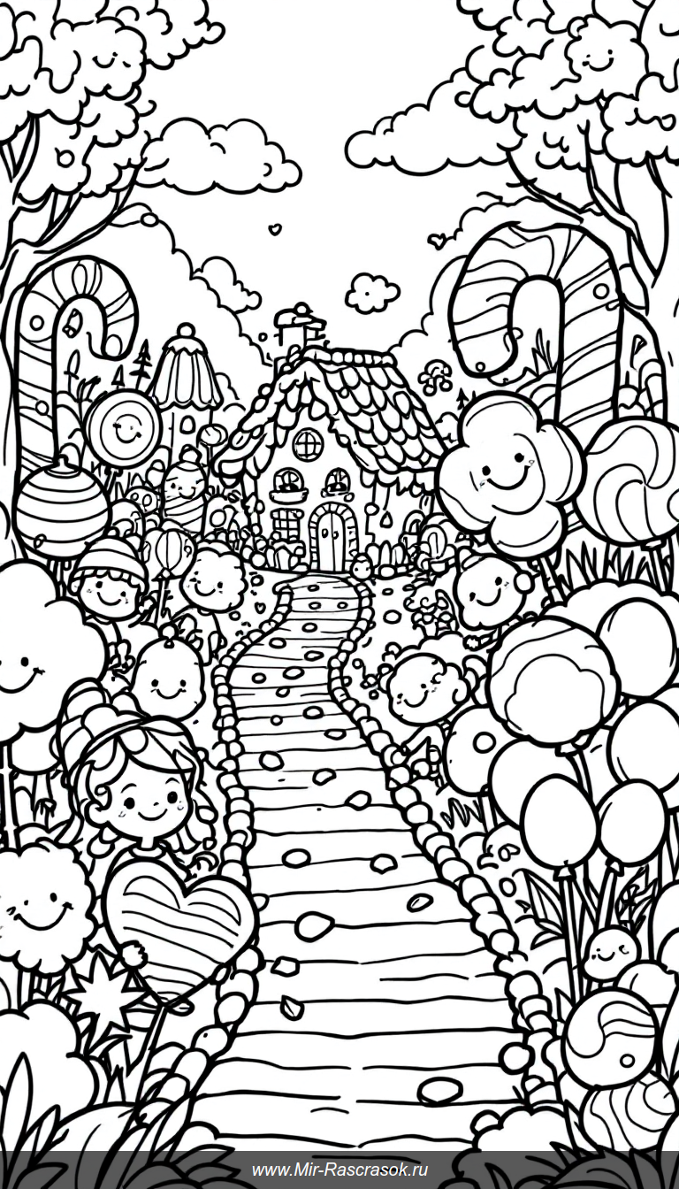 Погрузитесь в волшебный мир Candy Land с нашим раскрасками для детей 🍭🖍️ Простые и веселые рисунки с конфетами и пряничными домиками помогут развить творческие способности и подарят много радости 🎨🌈 Идеально для весёлого досуга дома или в школе!