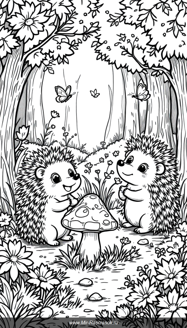 Весёлые ёжики в лесу для детской раскраски