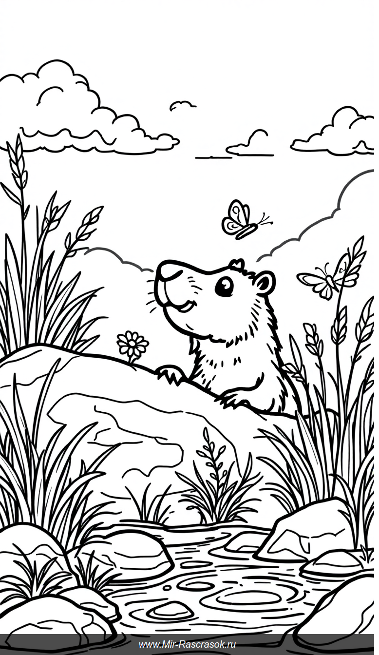 Дружелюбная капибара в прятки на солнечном берегу для детской раскраски