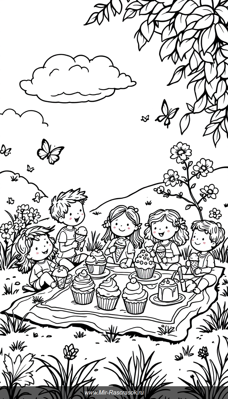 Вкусные cupcake и мороженое для детской раскраски