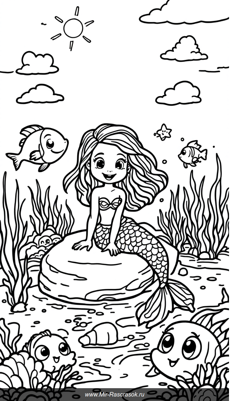 Веселая русалка и друзья подводного мира раскраска для детей
