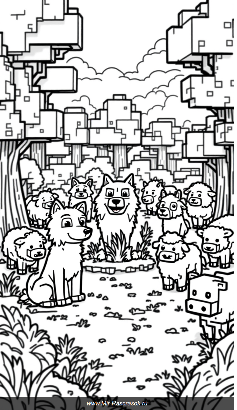 Весёлый майнкрафт лес с животными раскраска для детей
