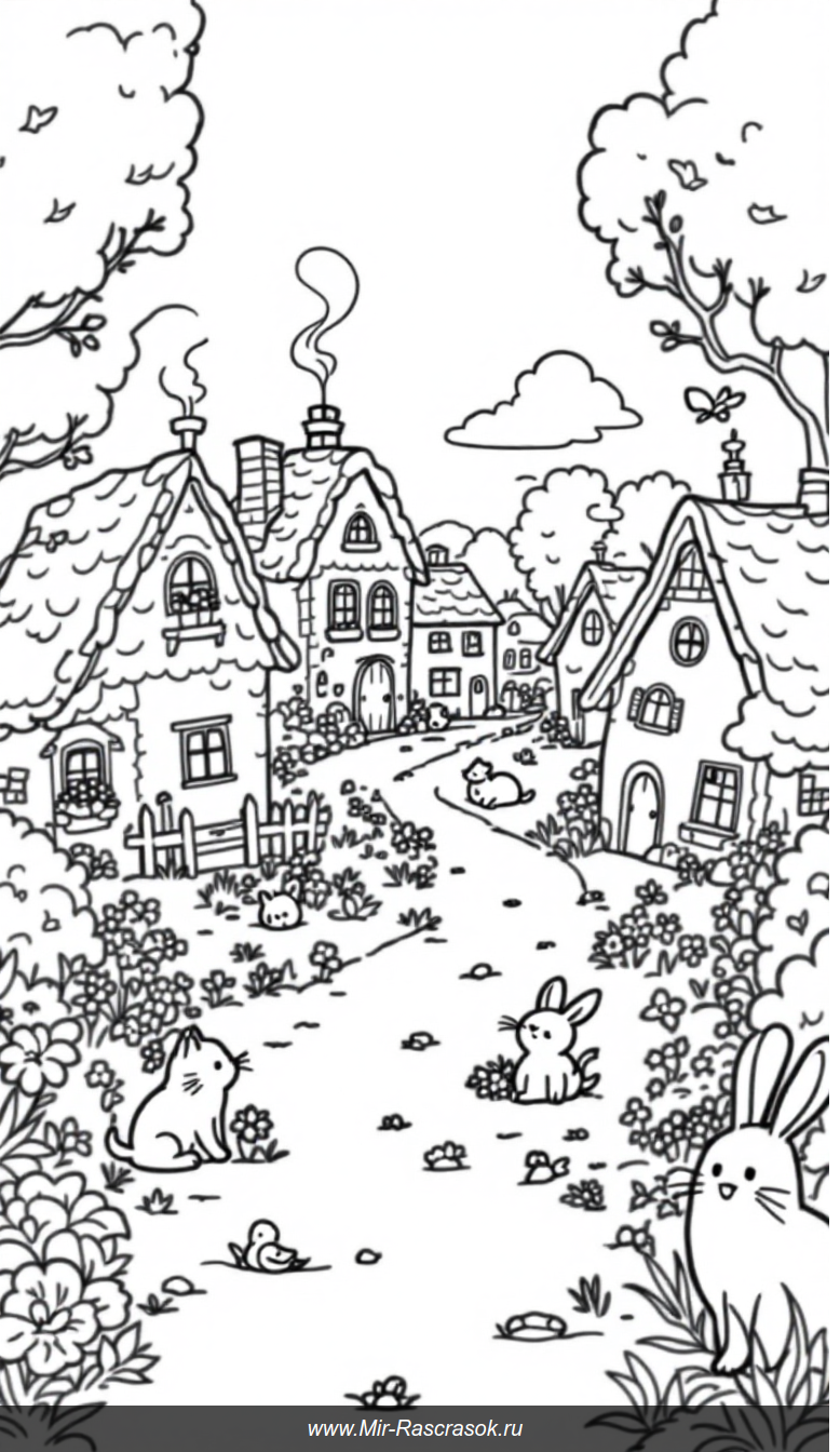 Уютная деревня для детской раскраски с животными и природой