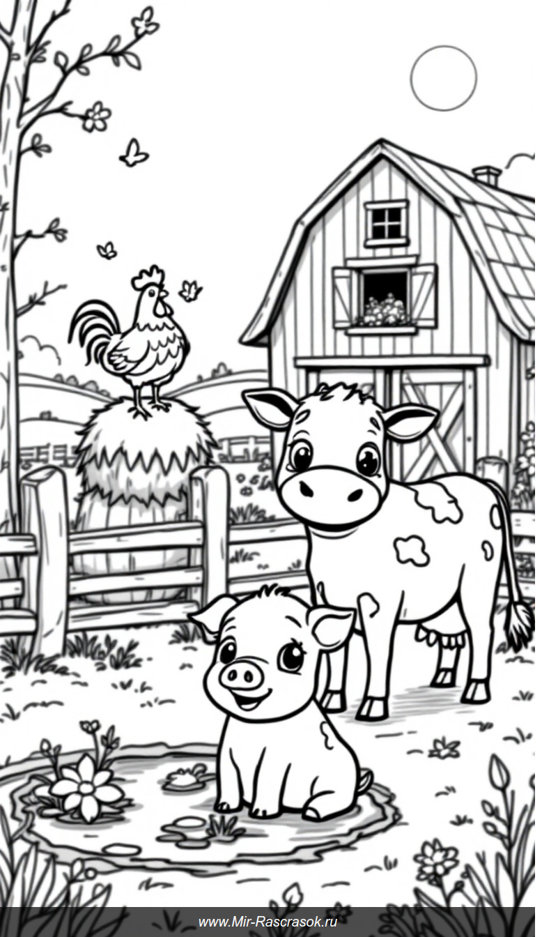 Веселая ферма для раскрашивания с коровой свиньей и петухом