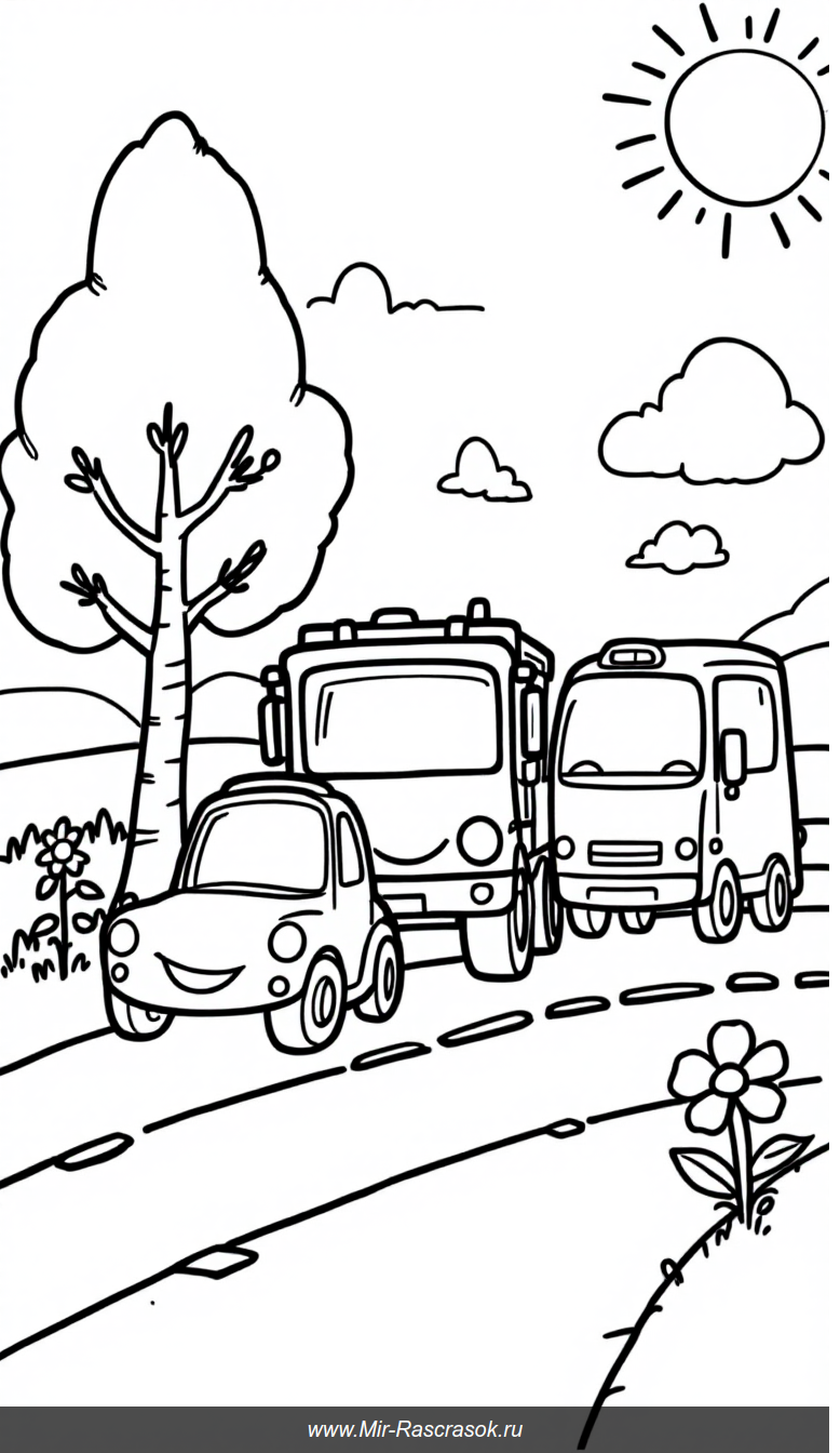 Веселые автомобили и грузовик для детской раскраски