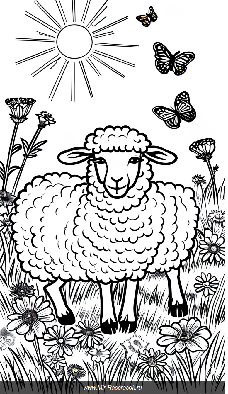 Раскраска с овечкой на лугу среди цветов и бабочек под ярким солнцем
